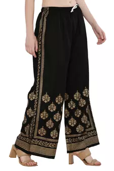 Women Black Solid Relaxed Gold Print Palazzo with Elastic Drawstring (Free Size)