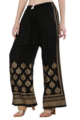 Women Black Solid Relaxed Gold Print Palazzo with Elastic Drawstring (Free Size) 3