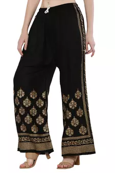 Women Black Solid Relaxed Gold Print Palazzo with Elastic Drawstring (Free Size)