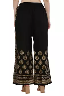 Women Black Solid Relaxed Gold Print Palazzo with Elastic Drawstring (Free Size)