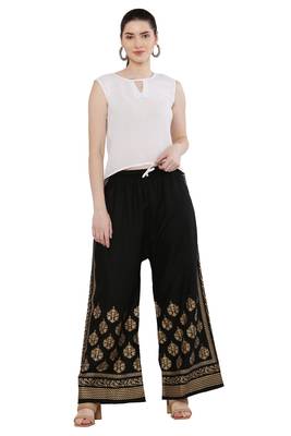 Women Black Solid Relaxed Gold Print Palazzo with Elastic Drawstring (Free Size) 5