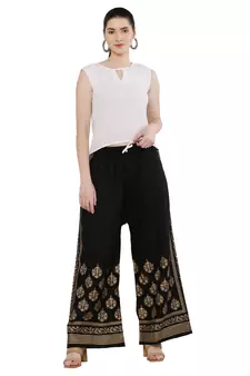 Women Black Solid Relaxed Gold Print Palazzo with Elastic Drawstring (Free Size)