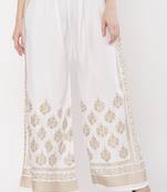 Women White Solid Relaxed Gold Print Palazzo with Elastic Drawstring (Free Size)