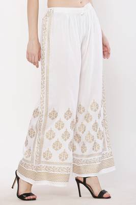 Women White Solid Relaxed Gold Print Palazzo with Elastic Drawstring (Free Size) 2