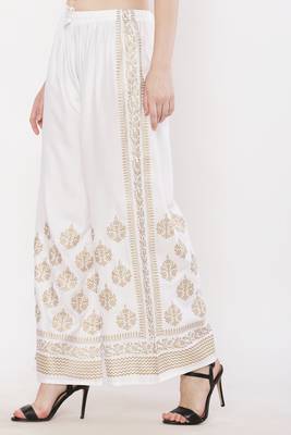 Women White Solid Relaxed Gold Print Palazzo with Elastic Drawstring (Free Size) 3
