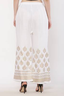 Women White Solid Relaxed Gold Print Palazzo with Elastic Drawstring (Free Size) 4