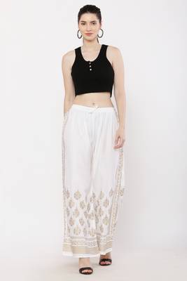 Women White Solid Relaxed Gold Print Palazzo with Elastic Drawstring (Free Size) 5