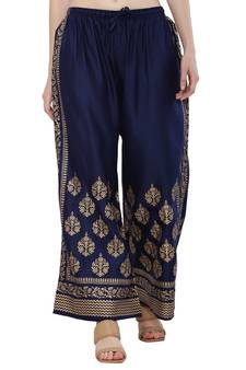 Women Navy Solid Relaxed Gold Print Palazzo with Elastic Drawstring (Free Size)