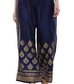 Women Navy Solid Relaxed Gold Print Palazzo with Elastic Drawstring (Free Size)