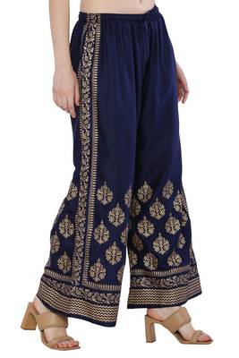 Women Navy Solid Relaxed Gold Print Palazzo with Elastic Drawstring (Free Size) 2