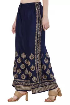 Women Navy Solid Relaxed Gold Print Palazzo with Elastic Drawstring (Free Size)
