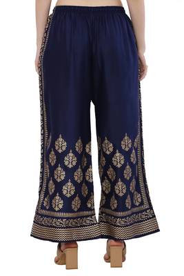 Women Navy Solid Relaxed Gold Print Palazzo with Elastic Drawstring (Free Size) 4
