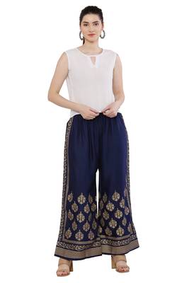Women Navy Solid Relaxed Gold Print Palazzo with Elastic Drawstring (Free Size) 5