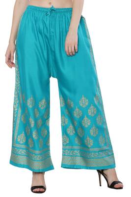Women Turquoise Solid Relaxed Gold Print Palazzo with Elastic Drawstring (Free Size) 1