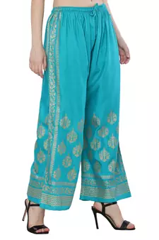 Women Turquoise Solid Relaxed Gold Print Palazzo with Elastic Drawstring (Free Size)