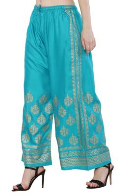 Women Turquoise Solid Relaxed Gold Print Palazzo with Elastic Drawstring (Free Size) 3