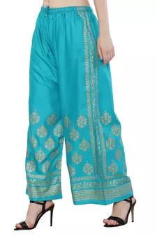 Women Turquoise Solid Relaxed Gold Print Palazzo with Elastic Drawstring (Free Size)
