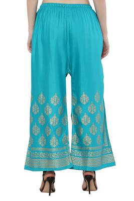 Women Turquoise Solid Relaxed Gold Print Palazzo with Elastic Drawstring (Free Size) 4