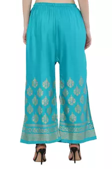 Women Turquoise Solid Relaxed Gold Print Palazzo with Elastic Drawstring (Free Size)