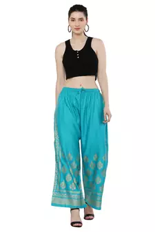 Women Turquoise Solid Relaxed Gold Print Palazzo with Elastic Drawstring (Free Size)