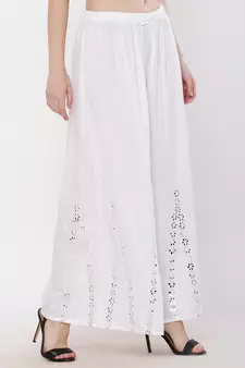 Women White Solid Stone Work Plazzo/Plazo with Elastic Drawstring (Free Size)