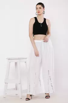 Women White Solid Stone Work Plazzo/Plazo with Elastic Drawstring (Free Size)