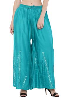 Women Turquoise Solid Stone Work Plazzo/Plazo with Elastic Drawstring (Free Size)