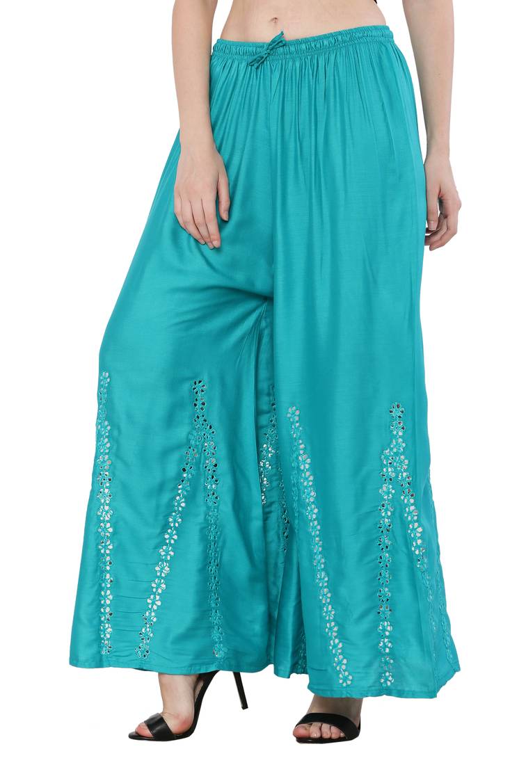 Women Turquoise Solid Stone Work Plazzo/Plazo with Elastic Drawstring (Free Size)
