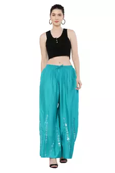 Women Turquoise Solid Stone Work Plazzo/Plazo with Elastic Drawstring (Free Size)