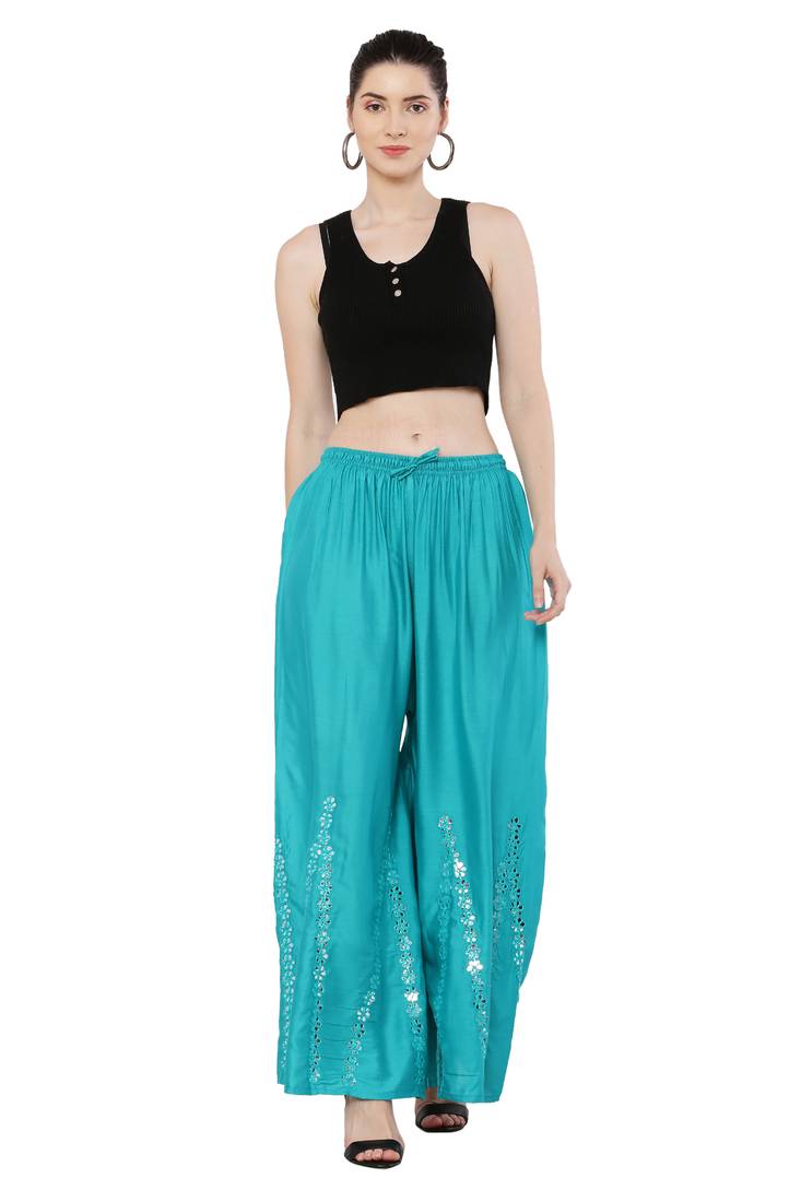 Women Turquoise Solid Stone Work Plazzo/Plazo with Elastic Drawstring (Free Size)