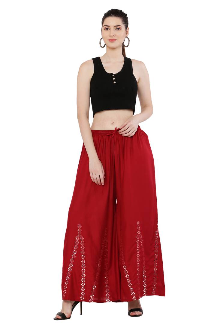 Women Maroon Solid Stone Work Plazzo/Plazo with Elastic Drawstring (Free Size)