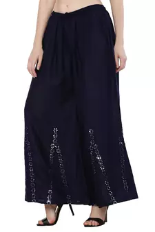 Women Navy Solid Stone Work Plazzo/Plazo with Elastic Drawstring (Free Size)