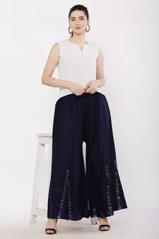 Women Navy Solid Stone Work Plazzo/Plazo with Elastic Drawstring (Free Size)