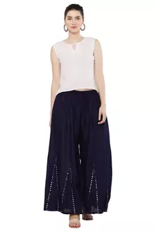 Women Navy Solid Stone Work Plazzo/Plazo with Elastic Drawstring (Free Size)