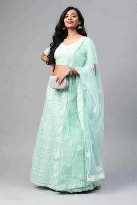 SHUBHKALA Light Green Dori Embroidered Net Semi Stitched Lehenga & Unstitched Blouse With Dupatta 1