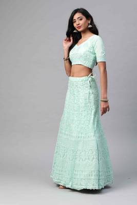 SHUBHKALA Light Green Dori Embroidered Net Semi Stitched Lehenga & Unstitched Blouse With Dupatta 3