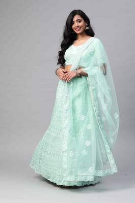 SHUBHKALA Light Green Dori Embroidered Net Semi Stitched Lehenga & Unstitched Blouse With Dupatta 4