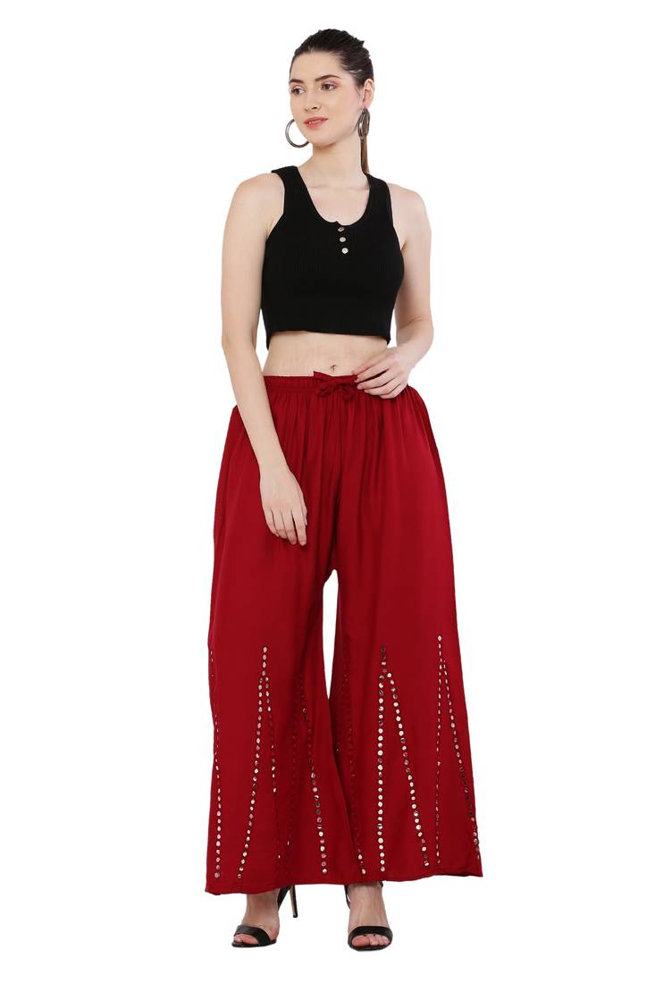 Women Maroon Solid Stone Work Plazzo/Plazo with Elastic Drawstring (Free Size)