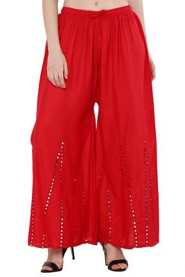 Red Rayon Mirror Work Flared Palazzo Pants 1