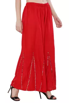 Red Rayon Mirror Work Flared Palazzo Pants