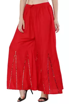 Red Rayon Mirror Work Flared Palazzo Pants