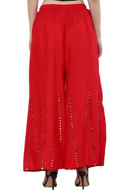 Red Rayon Mirror Work Flared Palazzo Pants 4