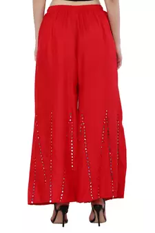 Red Rayon Mirror Work Flared Palazzo Pants