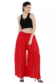 Red Rayon Mirror Work Flared Palazzo Pants