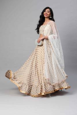 SHUBHKALA Off White Dori Embroidered Viscose Silk Semi Stitched Lehenga & Unstitched Blouse With Dupatta 1