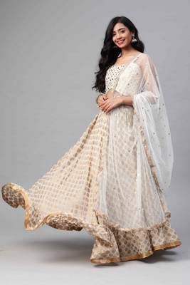 SHUBHKALA Off White Dori Embroidered Viscose Silk Semi Stitched Lehenga & Unstitched Blouse With Dupatta 4