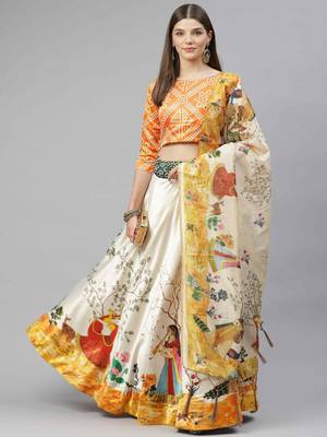 SHUBHKALA YELLOW WHITE DIGITAL PRINTED ART SILK BRIDAL LEHENGA & Unstitched Blouse With Dupatta 1