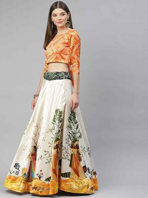 SHUBHKALA YELLOW WHITE DIGITAL PRINTED ART SILK BRIDAL LEHENGA & Unstitched Blouse With Dupatta 3