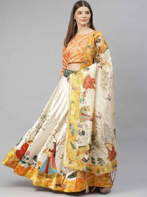 SHUBHKALA YELLOW WHITE DIGITAL PRINTED ART SILK BRIDAL LEHENGA & Unstitched Blouse With Dupatta 4
