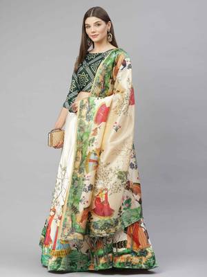 SHUBHKALA GREEN WHITE DIGITAL PRINTED ART SILK BRIDAL LEHENGA & Unstitched Blouse With Dupatta 1